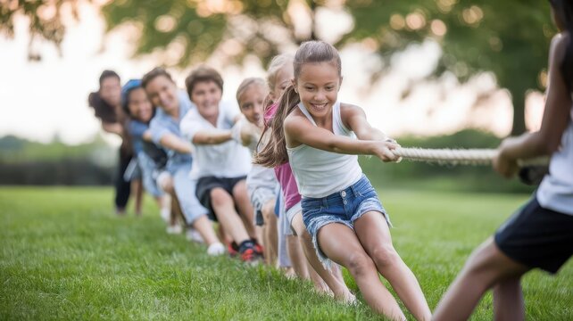 Energetic kids engage in a spirited tug of war in a vibrant park setting