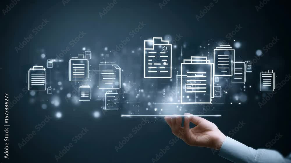 Poster a hand holds digital file icons on a dark blue background representing document management and data 