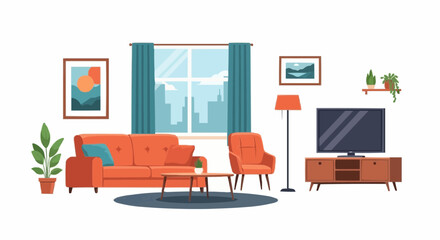 Modern Living Room Interior – Flat Vector Illustration with Sofa, TV, Window, Chair, and Houseplants
