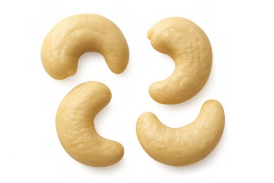 Cashew nuts dropping through air, showcasing crisp details against transparent surface with soft shadows