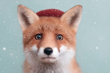 Obraz premium Fox with a festive hat gazes curiously at the winter wonderland around it