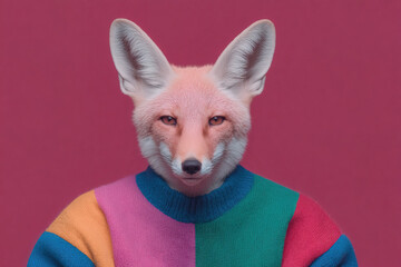 Colorful fox wearing a sweater poses against a vibrant pink background