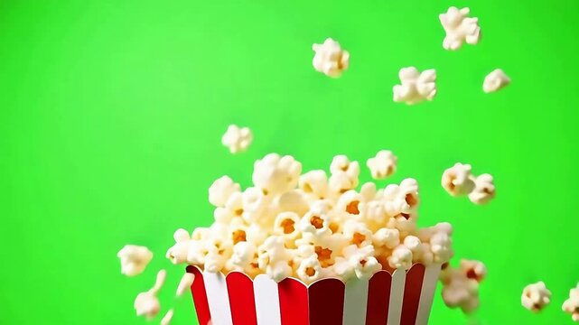 A vibrant shot of tasty popcorn falling into a red and white striped container against green backdrop.