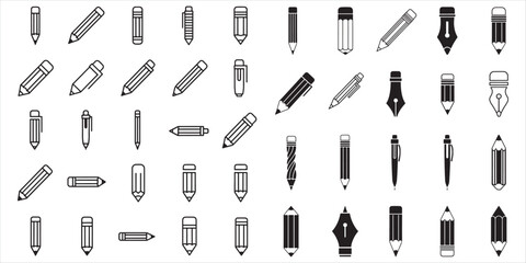 Comprehensive Collection of Modern Pencil and Pen Icons in Line Art and Solid Silhouette Vector Styles