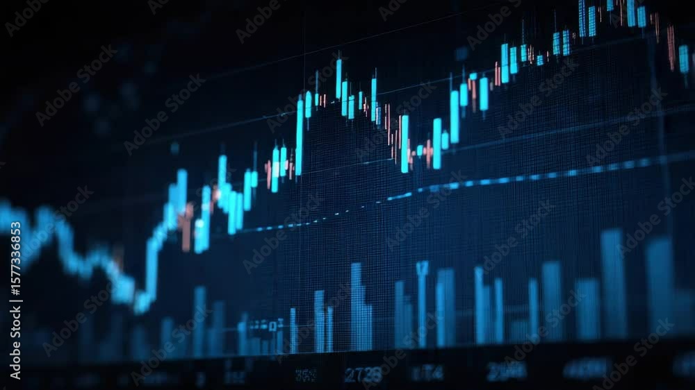 Poster stock market data shown as a dynamic graph with rising and falling line and candle chart on a digita