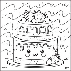  Kawaii layer cake with strawberries. Cute dessert coloring page for kids. Black and white vector outline illustration.
