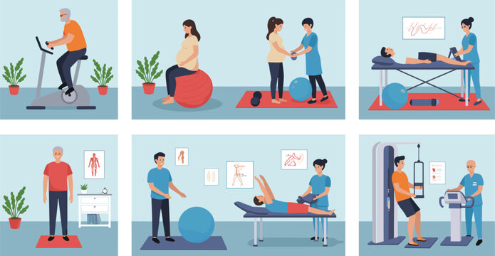 Physical therapy session, rehabilitation exercises, gym recovery workout, physiotherapy clinic, medical fitness training, wellness routine, therapist and patient care