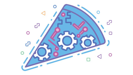 Obraz premium Illustration of a pizza slice with gears and circuit board designs in blue and pink colorscheme style