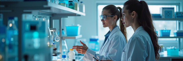 Two female scientists collaborate in a modern laboratory, focusing on research and experimentation. Ideal for healthcare, biotechnology, and scientific innovation themes.
