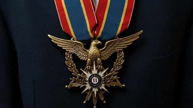 Golden eagle medal worn on dark uniform with ribbons