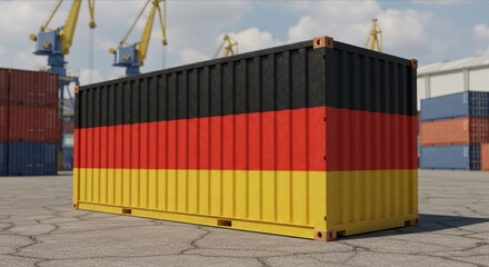 Germany Flag on Cargo Container, Symbol of Global Trade, Shipping, and Economic Tensions. International Shipping and Trade War Impact
