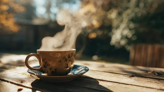 Steaming beverage in a patterned mug on a saucer sits on a wooden table with a blurred background