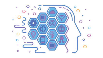 Illustration of a head outline filled with technology icons in hexagon shapes and dots around it