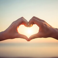 Two hands forming a heart shape, framing a setting sun over a tranquil ocean.