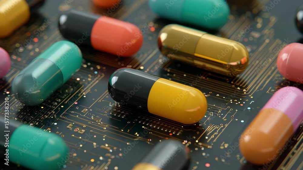 Poster various colorful capsules arranged on a dark circuit board with gold tracings and digital components