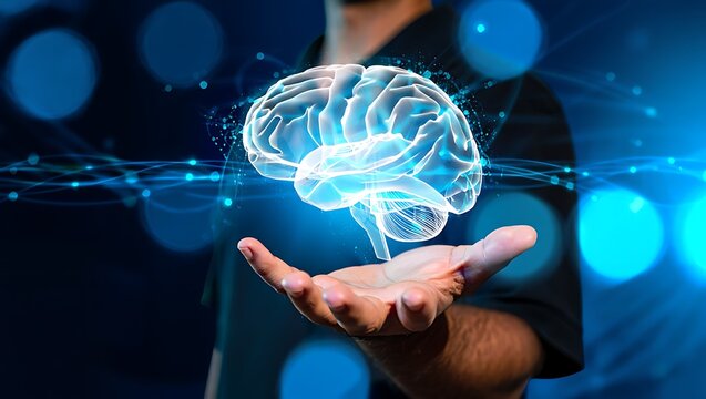 Concept of holding human brain in hand, symbolic of intelligence, thought process, and mental health, Brain on the palm of a hand with glowing blue lights