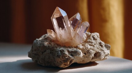 Obraz premium Amethyst quartz cluster on textured rock against blurred brown backdrop