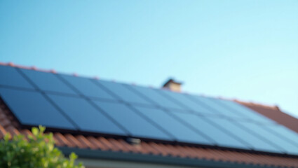 A solar panel installed on the roof of a house, with a clear blue sky.