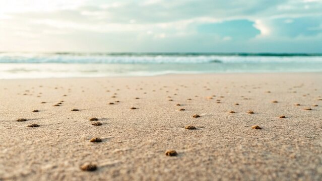 Close-up of the sandy shore at the water's edge, showing intricate details of the sand grains and small natural debris. The blurred background features the calming ocean and horizon - Powered by Adobe