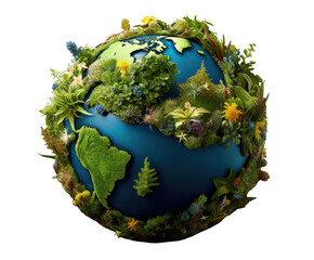 A vibrant and ecological representation of the earth as a globe covered in lush greenery, symbolizing environmental sustainability and the beauty of nature isolated on transparent background