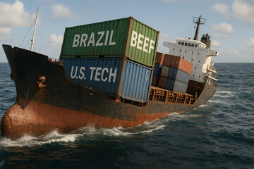 A cargo ship carrying containers labeled "BRAZIL BEEF" and "U.S. TECH" sailing on the ocean, symbolizing international trade and export-import dynamics.