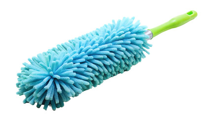 A fluffy blue microfiber duster with a green handle, isolated on a transparent background for cleaning tasks