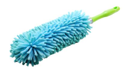 A fluffy blue microfiber duster with a green handle, isolated on a transparent background for cleaning tasks
