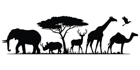 Wildlife silhouettes featuring elephant, rhino, deer, giraffe, camel and bird with tree in minimal black style on white background