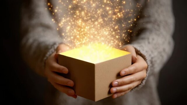 Person's hands holding open gift box with magical golden sparkles surprise