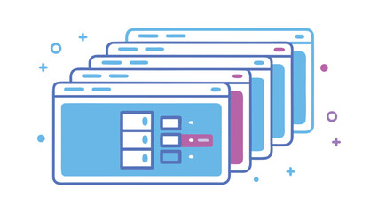 Illustration of multiple blue and pink windows stacked behind each other with icons inside them