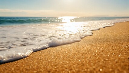 A close-up view of shimmering golden sand meeting the foamy edge of a retreating wave under a bright sky. The soft, warm light creates a dreamy and inviting atmosphere