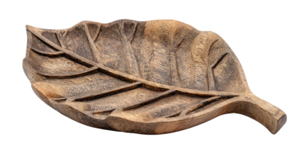 Hand-carved wooden leaf tray background isolated on a Transparent background, PNG file.