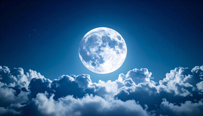 Luminous Full Moon Rising Above Fluffy Clouds