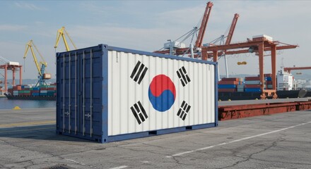 Fototapeta premium South Korea Flag on Cargo Container, Symbol of Global Trade, Shipping, and Economic Tensions. International Shipping and Trade War Impact