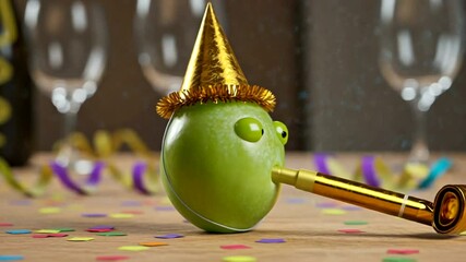 Fun and Festive: Animated Green Apple Celebrating a Party with a Golden Party Hat - Powered by Adobe
