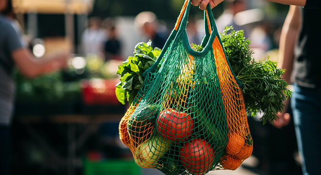 Hands holding eco-friendly mesh bags filled with fresh fruits and vegetables just bought at the market.