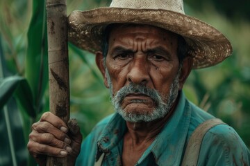 A weathered, serious older farmer with a straw hat and suspenders looks directly at the camera in a cornfield. His expression conveys experience and resilience