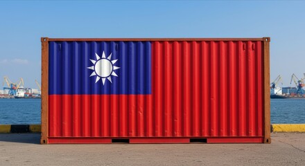 Taiwan Flag on Cargo Container, Symbol of Global Trade, Shipping, and Economic Tensions. International Shipping and Trade War Impact