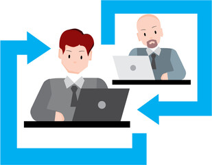 A businessman and a business man working on a laptop near a vector set of business icons illustrating office technology and communication