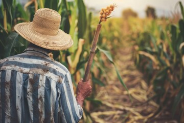 A farmer in a straw hat and striped shirt stands in a cornfield, holding a dried corn stalk. The scene captures agricultural work and rural life