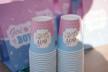 Charming gender reveal party cups with a fun “Boy or Girl?” design in pink and blue — perfect...