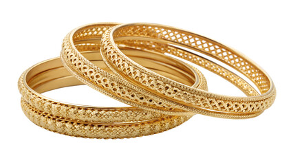 A stack of intricately designed gold bangles, isolated on a transparent background