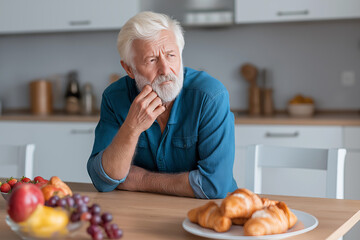 An older man sits at a kitchen table reflecting while enjoying a breakfast spread of fruit and pastries