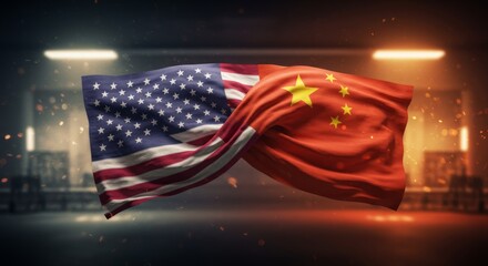 China and USA Flags Waving Together. Symbol of Trade War, Economic Crisis, and Diplomatic Tensions, Concept of Broken Relations and Trade Conflict.