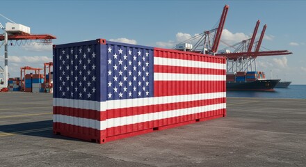 USA Flag on Cargo Container, Symbol of Global Trade, Shipping, and Economic Tensions. International Shipping and Trade War Impact