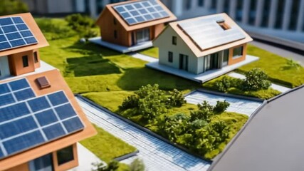 A miniature model of a modern house with solar panels that highlights eco-friendly architecture and urban planning, showcasing sustainable living solutions for the real estate market. 4k video - Powered by Adobe