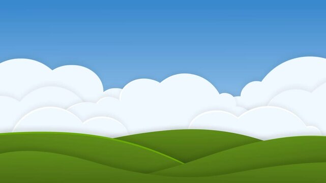 Beautiful landscape animation background with countryside hills and fluffy clouds cartoon paper cut style illustration