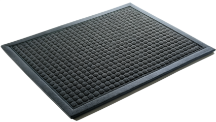 A durable black rubber doormat with a textured pattern, designed to trap dirt and debris, isolated on white isolated on transparent background