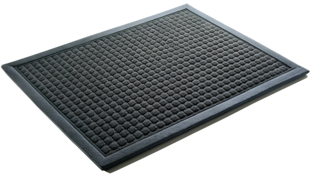 A durable black rubber doormat with a textured pattern, designed to trap dirt and debris, isolated on white isolated on transparent background - Powered by Adobe