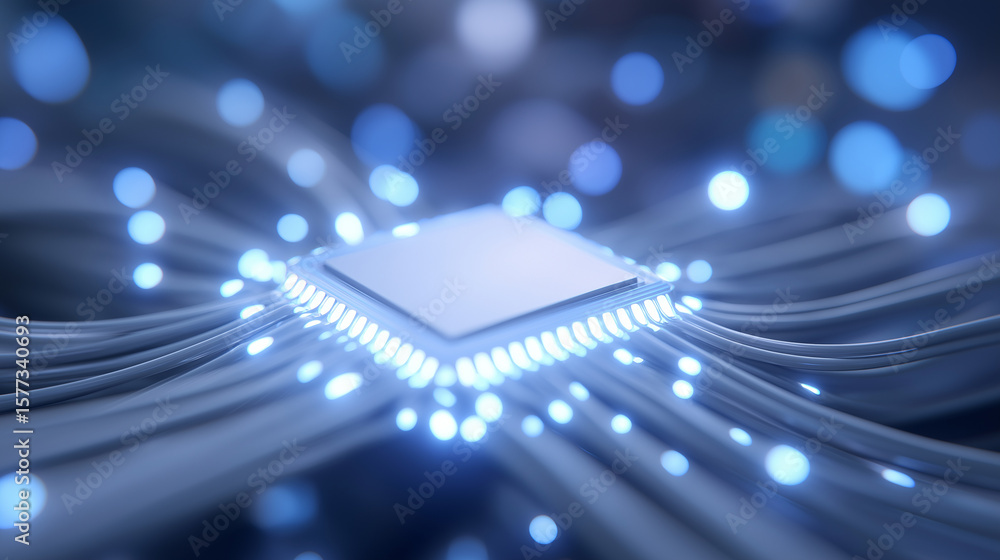Poster photorealistic quantum computer chip in a dim data center